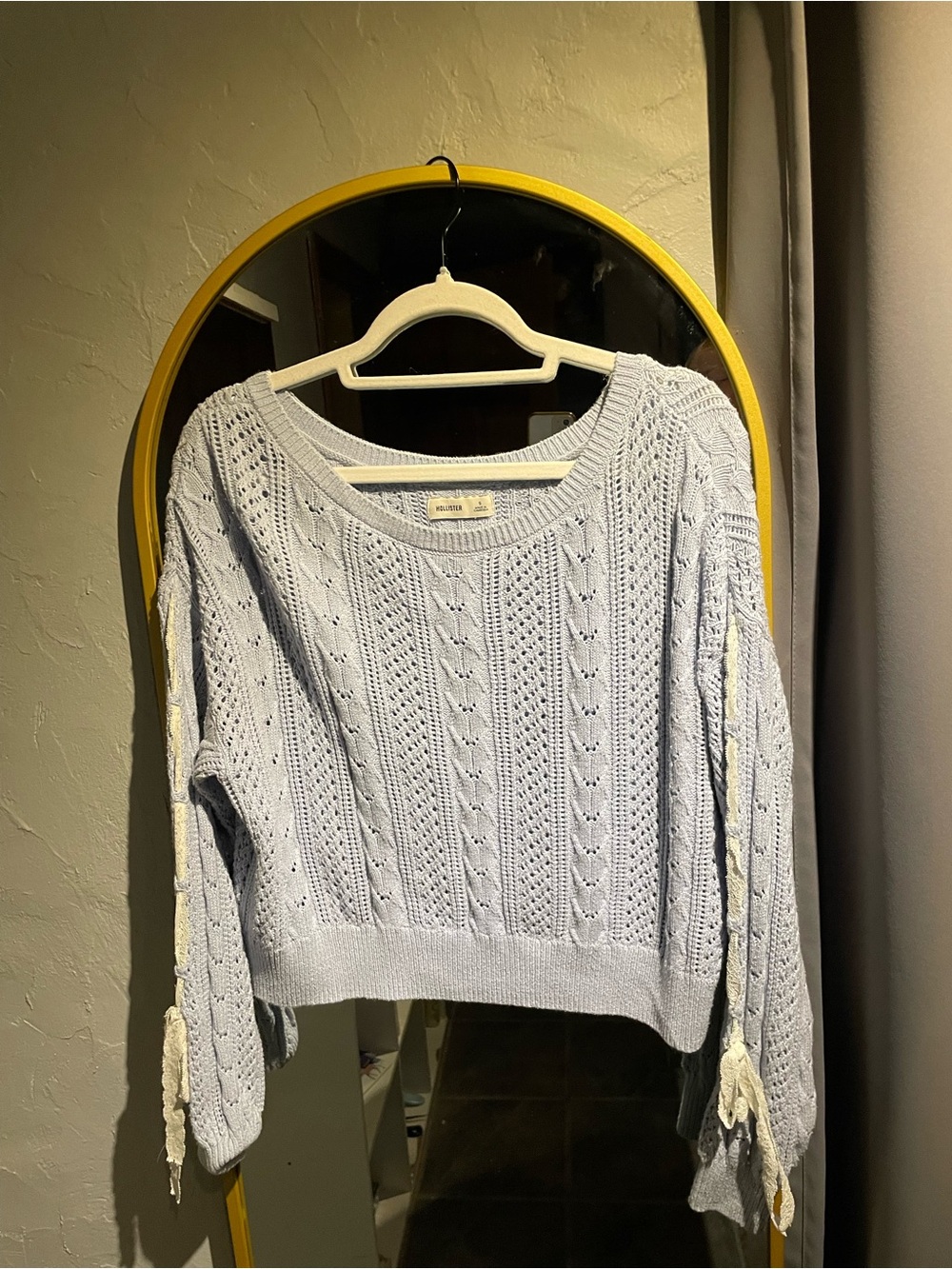 Hollister Light Blue Open-Knit Crewneck Sweater with Sleeve Ties